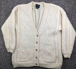 Vintage Siba Sweater Wool Mohair Cardigan Cable Knit Lined Ivory Womens Medium